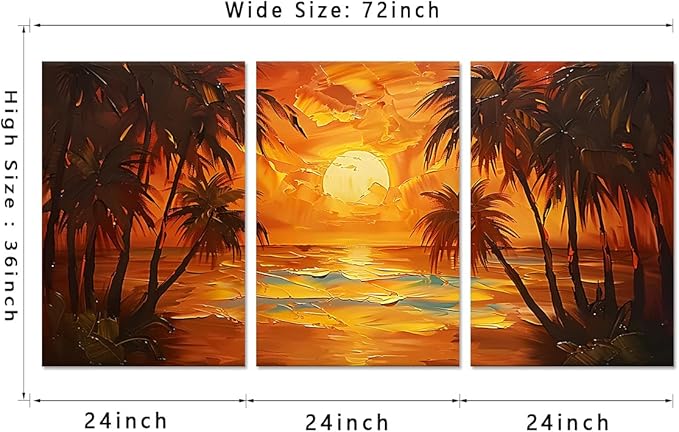 MAMAGO 3 pieces Sunset Landscape Wall Art Large Coastline Coconut Trees Oil Painting Print Modern Beach Poster Hallway Bathroom Office Apartment Decor Framed Easy to Hang-24”W x 36”Hx3pcs