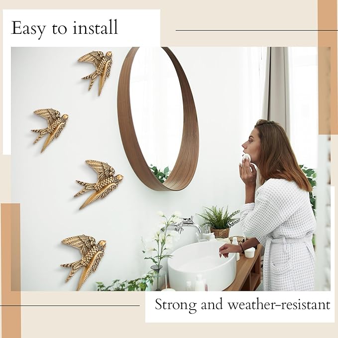 2 Pcs Vintage Bird Wall Sculpture Decor Art 6.7 Inch Antique 3D Sculpted Hanging Bird Resin Wall Art Golden Brass Rustic Floating Ornament for Living Room Garden Indoor Outdoor, Gift for Christmas