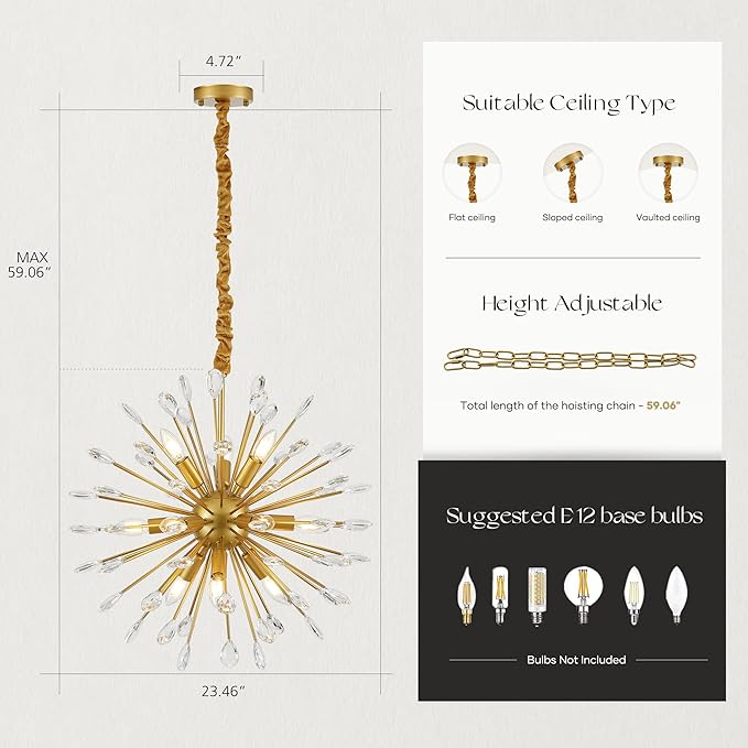 12-Light Gold Sputnik Chandeliers, 24" Starburst Firework Pendant Light fixtures, Mid-Century Modern Satellite Ceiling Lights for Dining Room, Kitchen, Bedroom, Living Room, E12