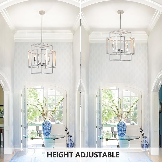 16.5" Modern Chandelier, 4-Light Farmhouse Foyer Lighting Fixtures, Hanging Kitchen Island Pendant Light, Industrial Sliver Lantern Pendant Lights, for Entryway Staircase Hallway