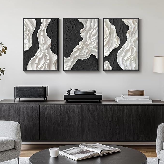 Large Framed Black and White Abstract Wall Art, 3 Piece Modern Canvas Prints Paintings Artwork for Walls, Minimalist Black White Wall Pictures for Living Room, Dining Room, Bedroom, Office Wall Decor