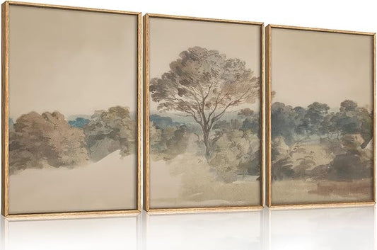 Aryroi Vintage Forest Scenery Framed Canvas Wall Art Set,Beige Tree Landscape Wall Decor,Neutral Woodland Art Prints,Natural Botanical Artwork For Living Room, Bedroom,Farmhouse-16 x24 x3