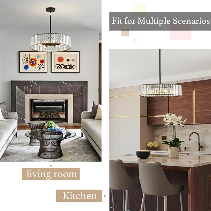 Modern Crystal Black Chandelier for Dining Room,19.7 inch Semi Flush Mount Ceiling Dining Room Light Fixture with E12 Base*6,Round Pendant Lighting for Bedroom Hallway Bathroom Foyer Kitchen