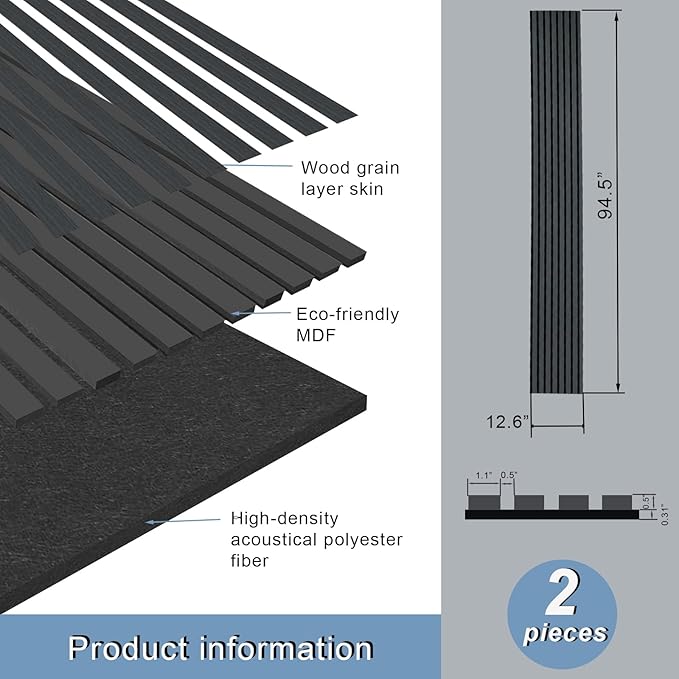 2 Piece Wood Slat Acoustic Panels for Stylish Decor and Noise Reduction, 3D Textured Panel for Ceiling and Wall - Black Oak (94.5 L x 12.6 W in)