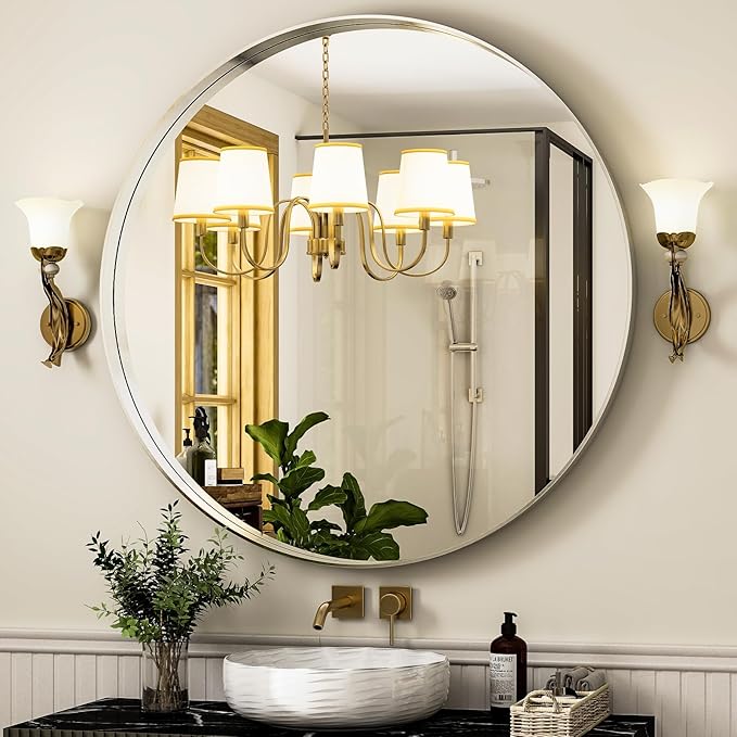 32 Inch Silver Round Wall Mounted Circle Mirror with Metal Frame - Modern Mirror Suitable for Bathroom, Vanity, Entryway, Living Room, Wall Decor