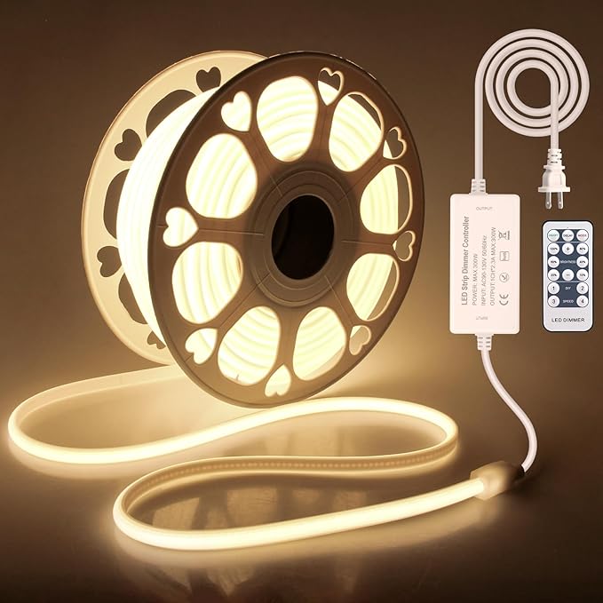 100FT COB Led Rope Lights Outdoor Led Strip Lights Waterproof AC 110V~120V Warm White 3000K Super Brightness Flex Cob Light for Garden Patio Building Commerical Dimmable with Remote Controller