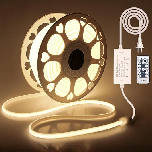 100FT COB Led Rope Lights Outdoor Led Strip Lights Waterproof AC 110V~120V Warm White 3000K Super Brightness Flex Cob Light for Garden Patio Building Commerical Dimmable with Remote Controller