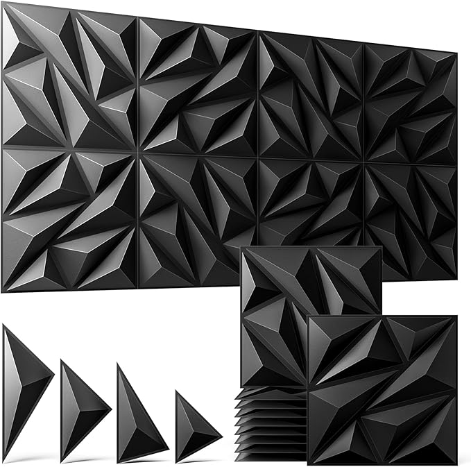 32 Pack 3D Wall Panels for Interior Wall Decor, 11.8'' x 11.8'' Decorative Wall Panels, Accent Wall Panels, 3D Diamond Design Wall Decor for Living Room, Bedroom, Gaming Room, Black