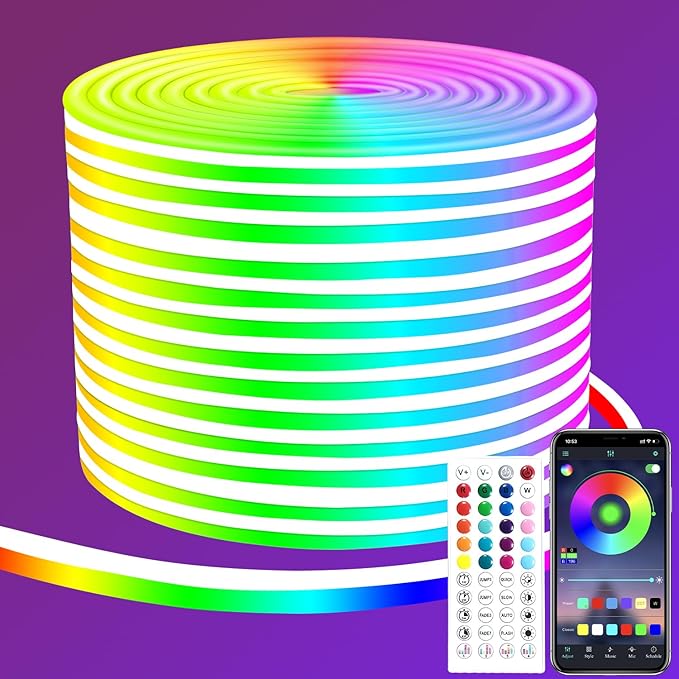 50ft RGB LED neon Rope Lights LED neon Lights with Remote Control/APP Control IP65 Waterproof Flexible Neon LED Strip Lights for Bedroom Room Outdoors Décor