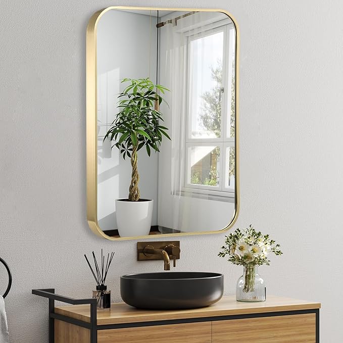 20x30 Inch Gold Bathroom Mirror, Brushed Gold Metal Framed Rectangular Mirror with Rounded Corner, Bathroom Vanity Mirror for Bedroom or Living Room, Horizontal/Vertical