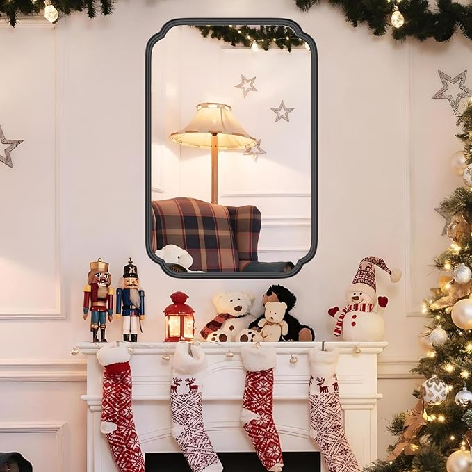 Black Bathroom Vanity Mirrors for Over Sink 24" x 36" Modern Rounded Corner Rectangle Mirror with Non-Rusting Iron Metal Framed Wall Mounted Decorative Mirror (Horizontal/Vertical)