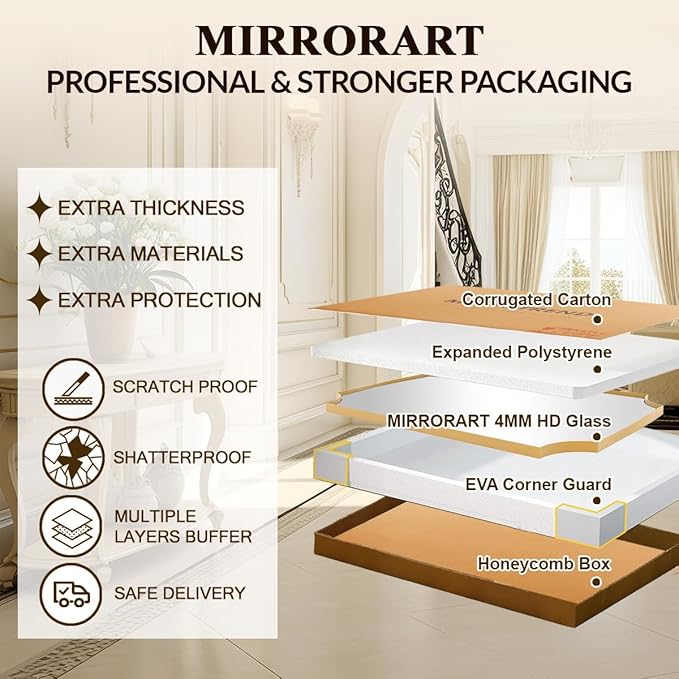 30x40 Inch Gold Scalloped Mirror, Large Bathroom Vanity Mirror with Stainless Steel Metal Frame, Anti-Rust, Shatterproof HD Glass, Unique Irregular Mirror for Bathroom, Bedroom, Living Room
