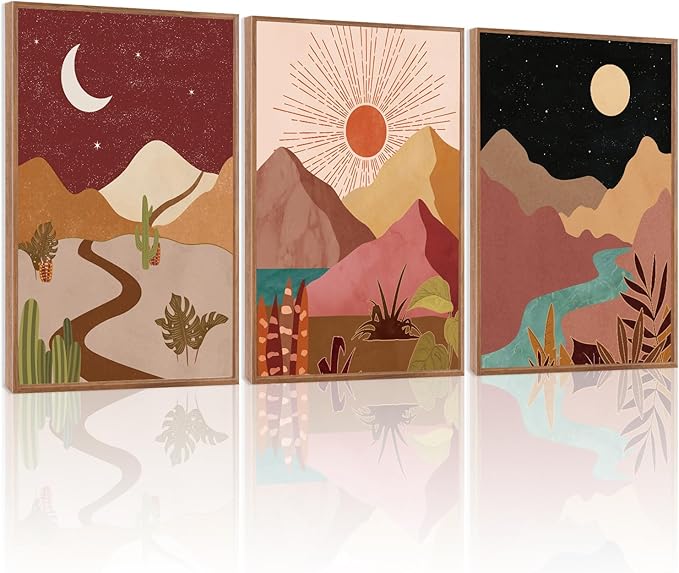 LHIUEM Modern Boho Framed Canvas Wall Art Set of 3(12”X16”) Moon and Sun Modern Desert Art Painting Nature Southwest Landscapes Artwork Rustic Mountain Wall Decor Framed Desert Art for Home Office