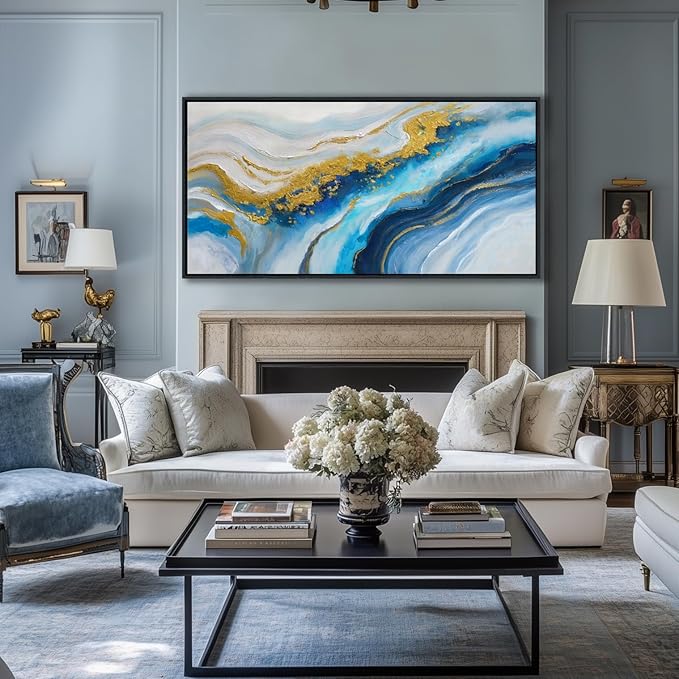 Blue Wall Art for Living Room - Abstract Canvas Wall Art, Modern Gold Painting, Office, Above Bed Wall Decor, Large Pictures for Bedroom Framed Artwork for Walls 29×58IN