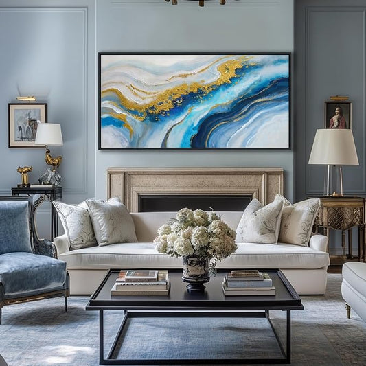 Blue Wall Art for Living Room - Abstract Canvas Wall Art, Modern Gold Painting, Office, Above Bed Wall Decor, Large Pictures for Bedroom Framed Artwork for Walls 29×58IN
