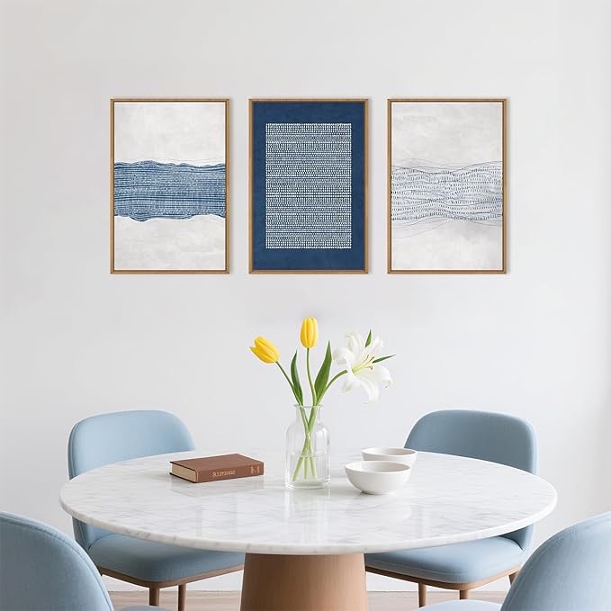 Large Abstract Navy Blue and White Framed Canvas Wall Art,Minimalist Boho Waves Lines Wall Decor,Modern Mid Century Artwork,Neutral Geometric Art Print for Living Room,Bedroom,Office- 16"x24"x3