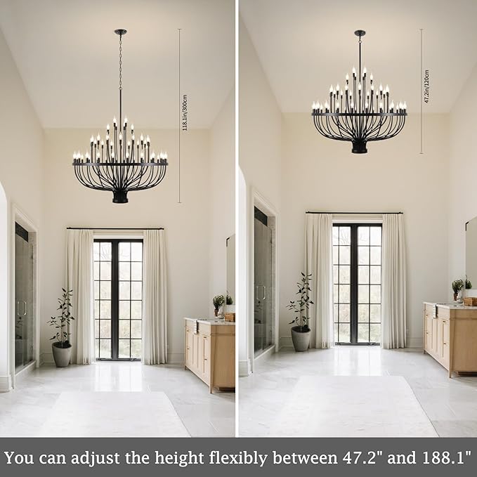 Large Black Chandelier 48 Light for High Ceilings, Big Farmhouse Wagon Wheel Chandelier for Dining Room 3-Tier 47.2 in for Hallway, Living Room, Foyer