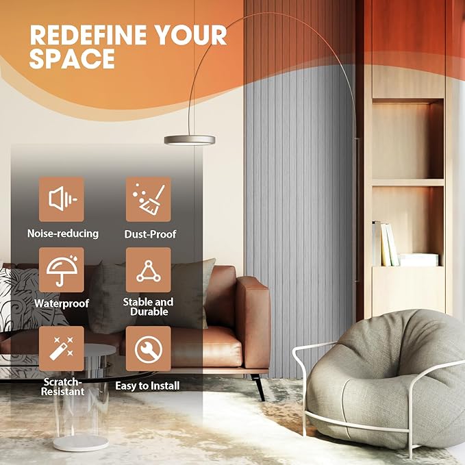 OUZUGIE WPC Acoustic Slat Wall Paneling, 8-Pack 96 x 6 Inches 3D Wall Panels for Interior Wall Decor,Living Room,TV Background,Study Room,Office Spaces,Bedroom,Low Grille (Grey)