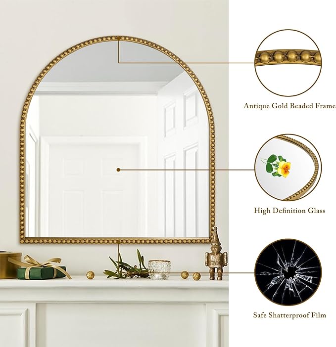 33x31 Inch Arched Bathroom Mirror, Antique Gold Wall Mirror Metal Beaded Frame, Vanity Mirror for Dresser Living Room Bedroom Mantel Entryway Hallways