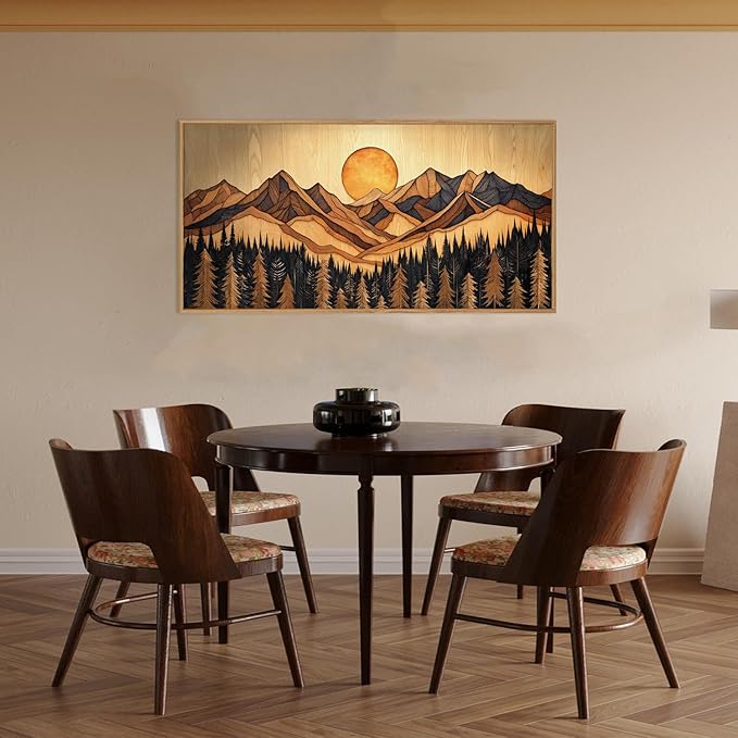 Ausril Woodcut Mountain Pine Tree Framed Canvas Wall Art Set - 20x40 Inch, Vintage Nature Forest Wilderness Landscape Print, Brown Boho Style Painting for Living Room, Bedroom, Office Decor