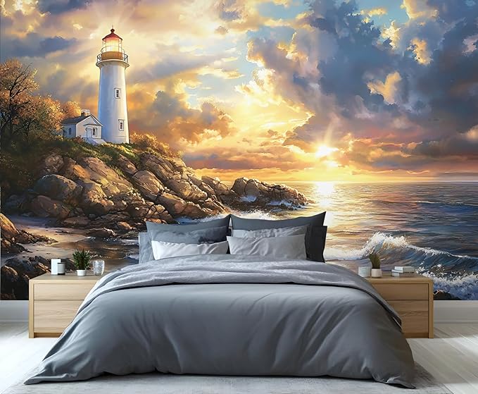 Coastal Mural Wallpaper, Ocean Lighthouse Murals, 3D Sunset Ocean Murals Wallpaper for Living Room Bedroom Home Decor Mural - 59" W x 39.11" H (Not Peel Stick)
