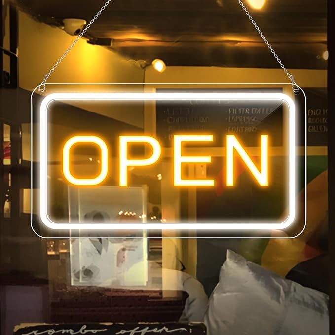 16"x 9" Ultra Bright 12V Neon Open Sign for Business, LED Open Neon Sign, Electric Light up Signs for Stores, Restaurants Offices Retail Shops Window (Yellow-White-Horizontal)