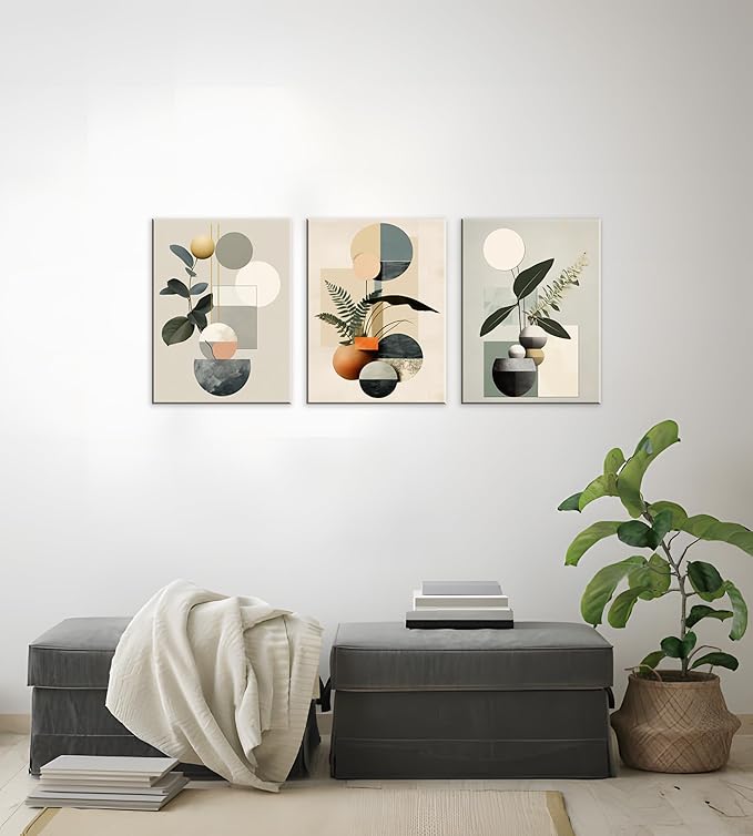 NAN Wind Modern Minimalism Wall Decor Set of 3 Boho Wall Art Mid-Century Framed Botanical Plant Geometric Canvas Art Abstract Minimalist Art Prints For Living Room Bedroom Kitchen Office Home Decor