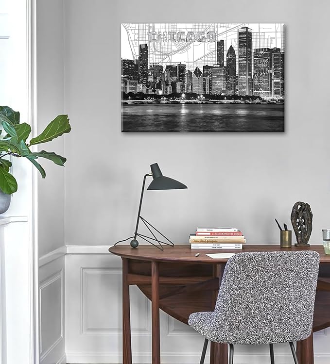 Chicago Skyline Wall Art Framed Canvas Print - Modern Black & White Panorama Cityscape Poster for Home Office Decor Ready-to-Hang Living Room Artwork 24"x36"