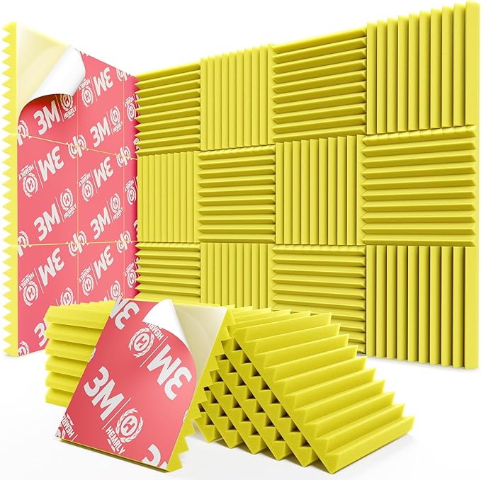 12 Pack Sound Proof Foam Panels for Walls,Self-Adhesive Foam Acoustic Panels Sound Absorbing,High Density Quick-Recovery Soundproof Wall Panels 12" X 12" X 1"-Yellow