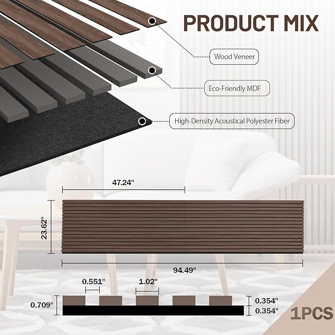AKK-Stave Acoustic Wood Slat Wall Panels, Foldable Panels 94.5" X 23.6 "X 0.7" 15.5 ft² 3D Fluted Sound Absorbing Panel, for Interior Decoration (Classic Oak 13#)