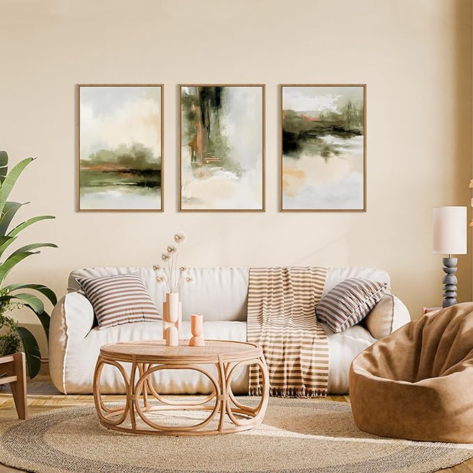 KAIRNE Green Abstract Neutral Framed Canvas Wall Art Set, Modern Watercolor Shapes Wall Decor, Minimalist Pastel Wall Painting, Brown, Gray Tan for Living Room, Bedroom, Office 16x24 Inch