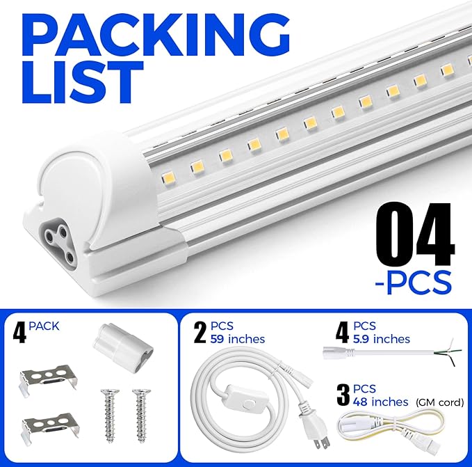 Barrina 6500K 2FT LED Shop Light, 3000LM, 20W, T8 Shop Lights for Garage, Workbench, Cabinet, Workshop, Room, LED Tube Light, Linkable Ceiling Lights Fixture with Built-in ON/Off Switch, ETL, 4 Packs