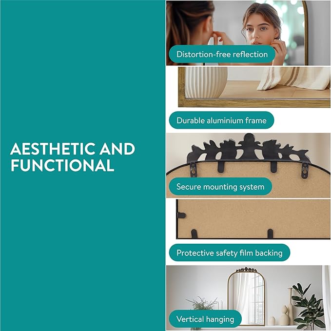 Navaris Vintage Mirror - Decorative Gold Antique Mirror - Large Brass Arched Mirrors - French Mirrors for Bathroom Wall Above Mantel or Fireplace - Ornate Baroque Victorian Style