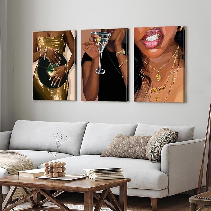 Large Abstract Black Girl Wall Art Living Room Decor Boho Trendy Woman Framed Canvas Vintage Fashion Female Poster Prints Modern Aesthetic Painting Picture for Bathroom Interior Decoration 24x36 3Pcs