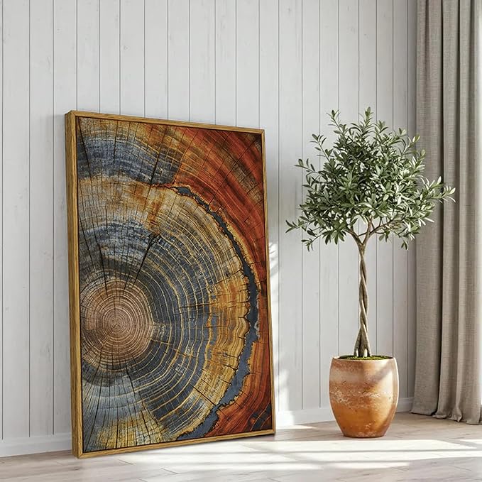 BingruiArt Large Framed Tree Ring Canvas Wall Art Red and Gold Abstract Wood Wall Decor Boho Modern Colorful Nature Prints Pictures for Living Room Bedroom Bathroom 24"x36" Natural Framed(03)