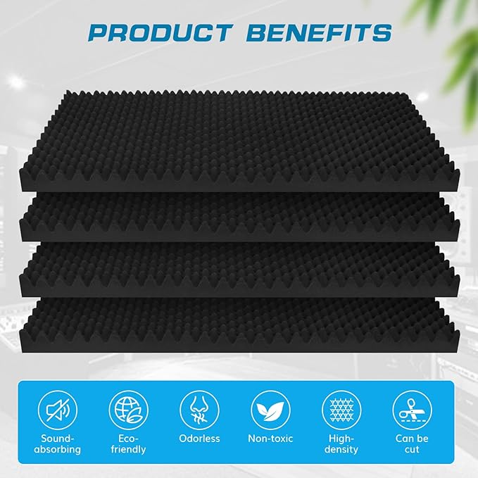 4 Pack Acoustic Panels,48''X24''X2'' Egg Crate Foam Soundproof Wall Panels,High Density Fireproof Noise Cancelling Studio Foam Panel,Noise(Black -4 PCS, 48X24X2 Inchs)