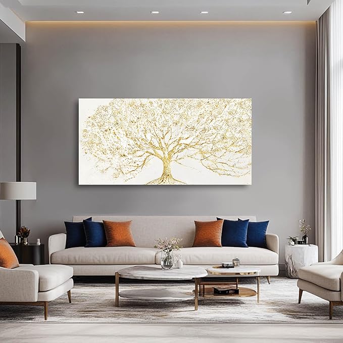 Big Gold Tree Wall Prints Framed Canvas Picture Neutral Wall Decor 29"x58" White and Gold Abstract Wall Art for Living Room Bedroom Dining Room