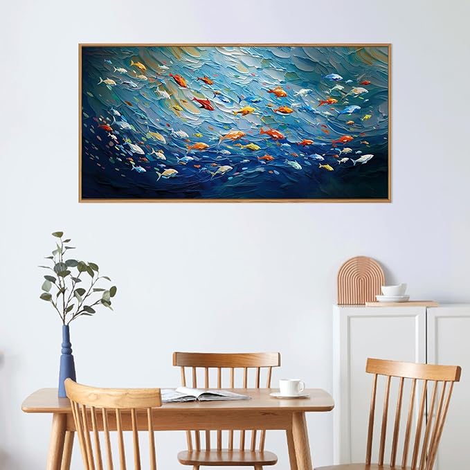 CHDITB Ocean Canvas Wall Art, 20"X40" Large Sea Fish Painting, Navy Blue Marine Fish Wall Decor, Colorful Fishes Artwork for Living Room, Bedroom, Office, Modern Home Decor