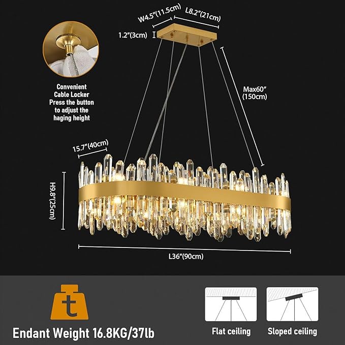 Modern Crystal Chandelier, 16-Lights 2 Tiers Dining Room Chandelier Over Table, 36'' K9 Crystal Gold Rectangular Chandeliers for Kitchen Island Adjustable Long Chandeliers for Living Room