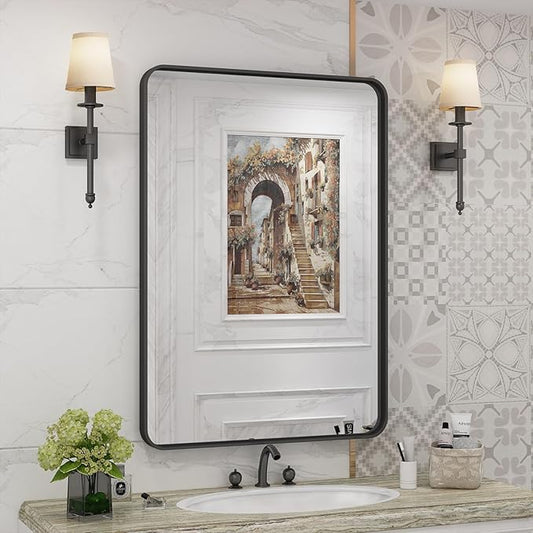 22x30 Inch Black Metal Framed Bathrrom Mirror for Wall, Matte Black Rectangle Mirror, Rounded Corner, Anti-Rust (Horizontal/Vertical)