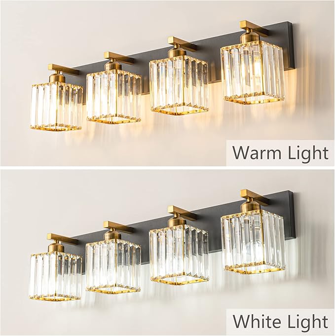 Modern Bathroom Vanity Light 4-Lights Black Gold Crystal Bathroom Wall Light Vanity Light Fixtures，28.34-inch Modern Minimalist Design