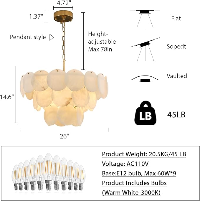 Alabaster Round Chandelier, 26" Natural Spanish Marble Stone Texture Chandeliers, 9-Light Dimmable Alabaster Chandelier, Modern Luxury Lighting for Living Room, Bedroom, Hallway