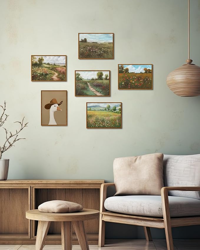 KISSFOX Vintage Landscape Framed Wall Art Autumn Farmhouse Wildflower Field Canvas Art Natural Fall Countryside Paintings Artwork Rustic Art Prints For Bedroom Bathroom Living Room