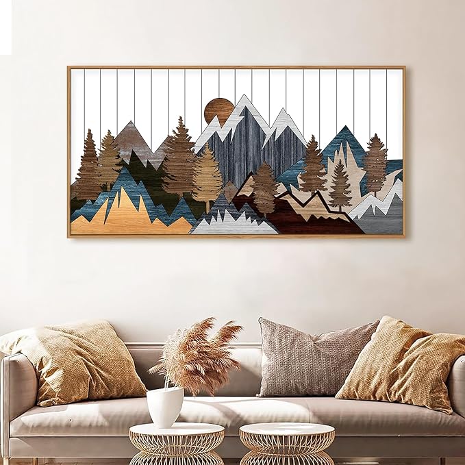 CHDITB Framed Wood Mountain Wall Art, 20"x40" Large Country Woodcut Style Wall Decor, Rustic Forest Nature Wall Painting, Modern Canvas Art Prints for Living Room, Bedroom, Farmhouse, Office