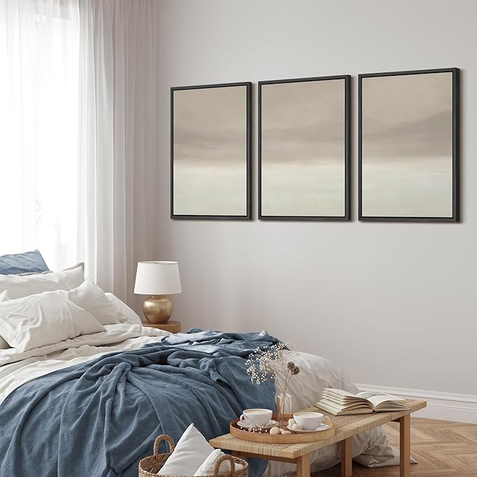 MUDECOR Framed Wall Art Print Set Misty Horizon Minimalist Foggy Mountain Landscape in Soft Neutral Tones Illustrations Realism Decorative for Living Room, Bedroom, Office - 16"x24"x3 Black