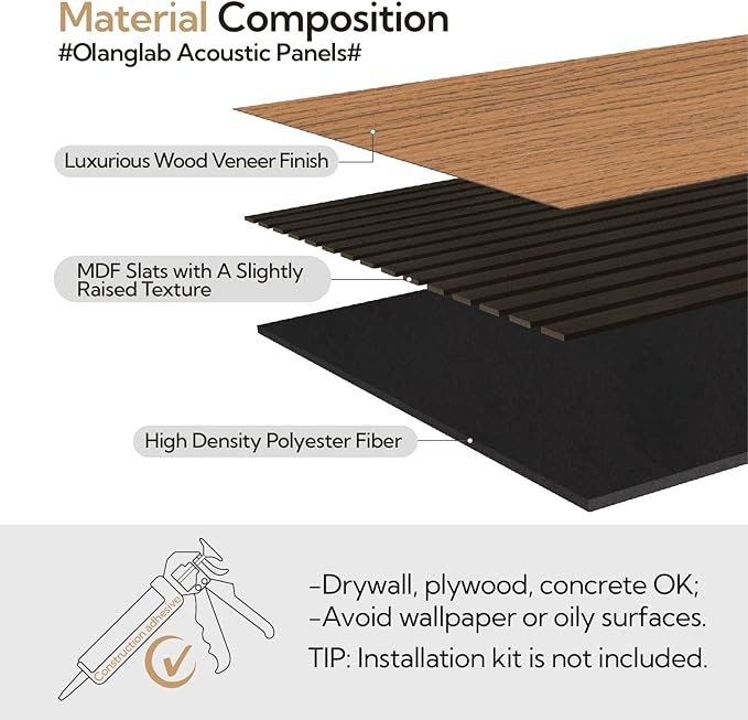 Olanglab Acoustic Wood Wall Panels 4 Pack, Sound Dampening Wood Slat Wall Panels 23.6" x 47.2", Cherry