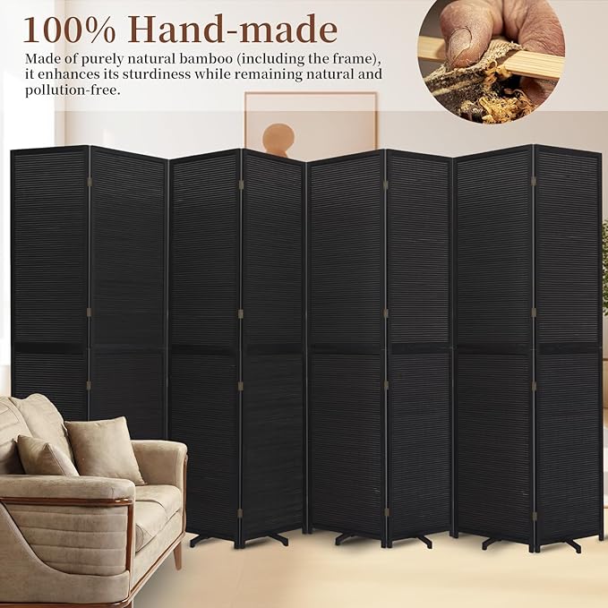 Bamboo Room Divider 8 Panel Wall Divider, 142'' W x 67'' H Folding Design with Extra Stable Base, 100% Bamboo Room Divider Screen for Room Separation, Chinese Room Partitions and Dividers Freestanding