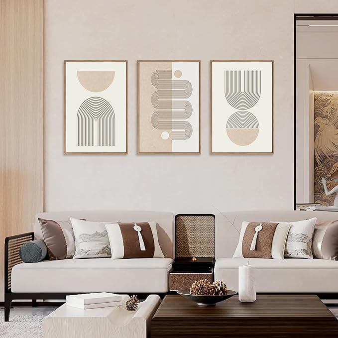 CHDITB Boho Framed Canvas Wall Art Set, Beige Bohemian Line Wall Decor, Mid-Century Modern Wall Painting, Abstract Neutral Geometric Art Print for Living Room, Bedroom, Office - 16"x24"x3