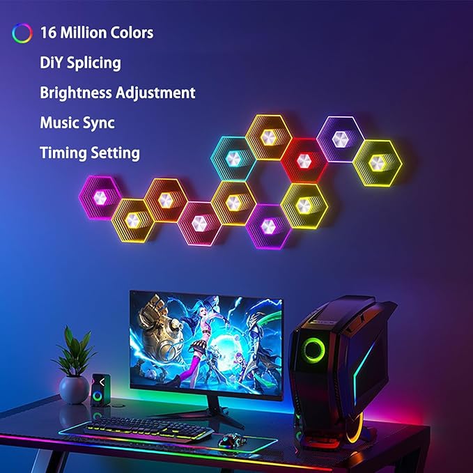 6 Pack Hexagon Lights Wall Panels - RGB Wall Decor Gaming Lights with Smart APP Music Sync, DIY Modular Assembled Hex Led Lights Panel for Bedroom, Game Room