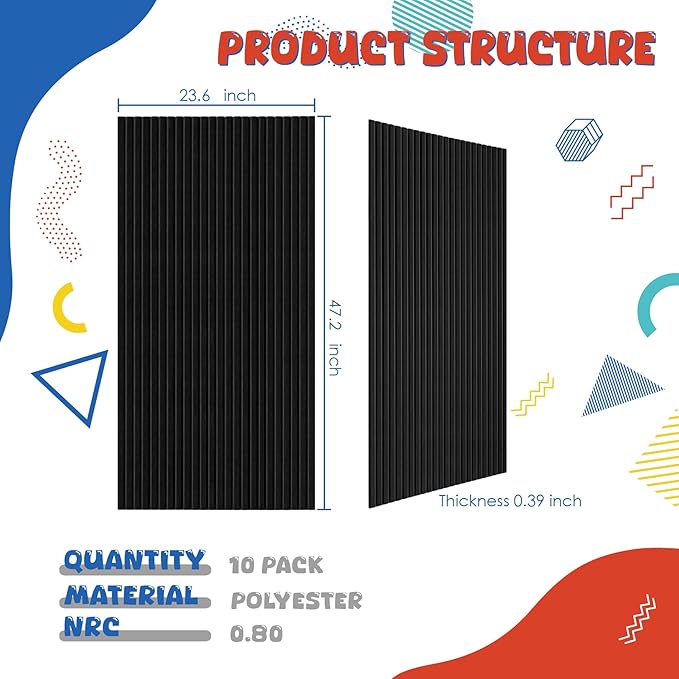 10 Pack Acoustic Panels,47.2”x23.6“x0.4” Acoustic Wall Panels,Large Soundproof Panels,Self-Adhesive Sound proof Panels for Walls,Acoustic Treatment for Recording Studio&Office,Black